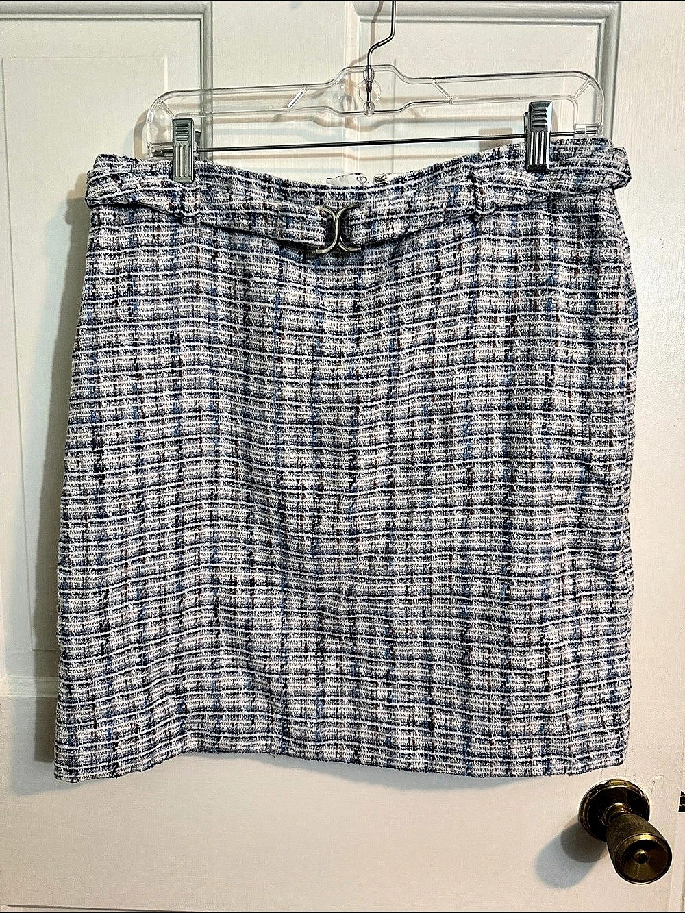 Ann Taylor Factory Checkered Buckle Skirt in Blue & White Size 12 Petite NWT